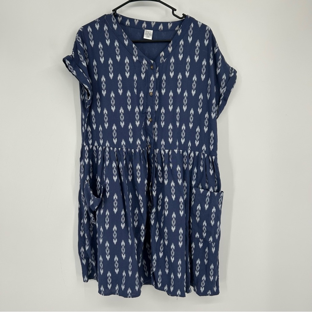 Peyton & Parker Blue Tunic Dress Linen Blend Size Large Boho Aztec Print